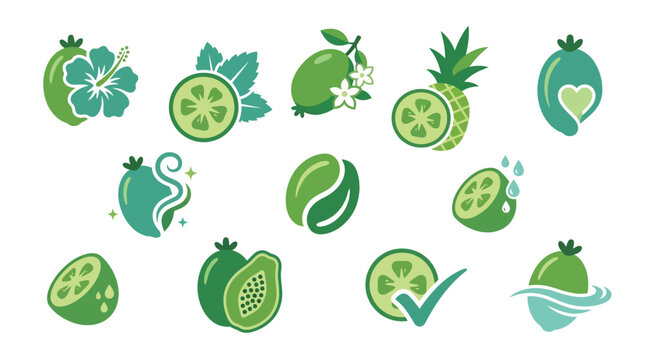 Collection of green feijoa fruit icons and symbols, representing freshness and health.