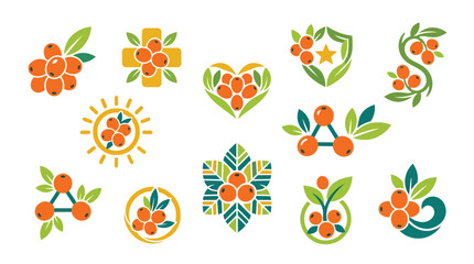 Collection of stylized sea buckthorn berry icons and logos with leaves, representing health and nature. © tr