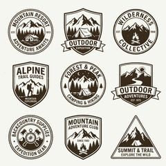 Fototapeta premium Mountain resort and outdoor hiking adventure emblem badge collection.
