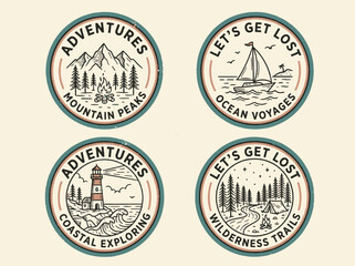 Obraz premium Set of four adventure themed round landscape badges.