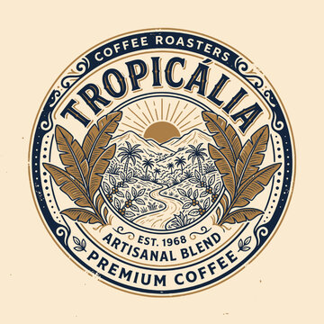 Tropicalia coffee roasters vintage seal with mountains and sun.