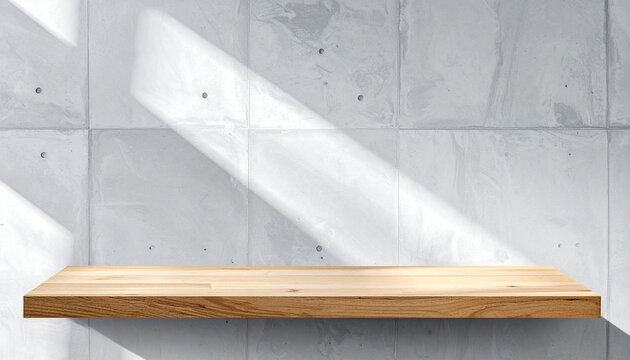 Minimalist Wooden Shelf on Concrete Wall: A simple wooden shelf rests against a textured concrete wall, with dramatic sunlight casting a diagonal shadow across the scene.