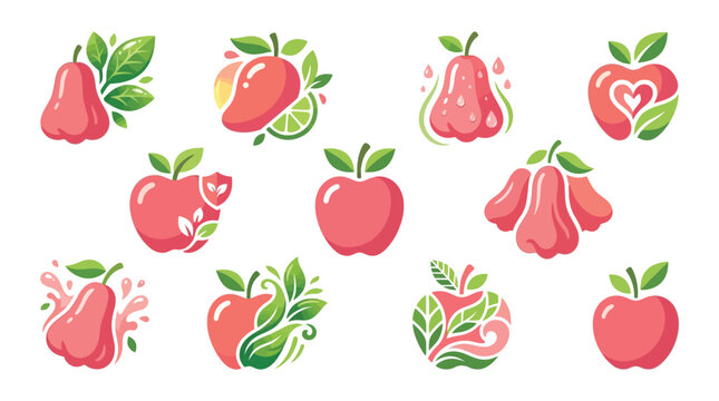 Collection of stylized pink apples and rose apples with green leaves and splashes, representing healthy food and natural products.