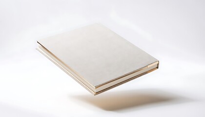 Fototapeta premium A closed book floats in mid-air on a white surface with soft lighting and subtle shadows.