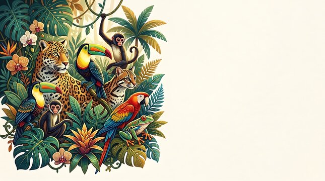 Vibrant jungle wildlife illustration with leopard monkeys and toucans