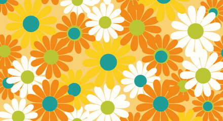 Fototapeta premium Retro Daisy Flower Pattern, Vintage Floral Background, 70s Style