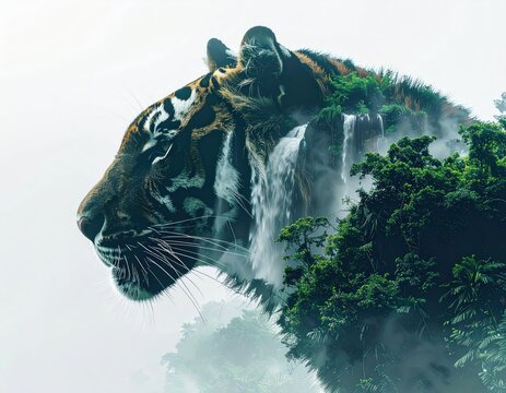 Tiger in forest landscape double exposure
