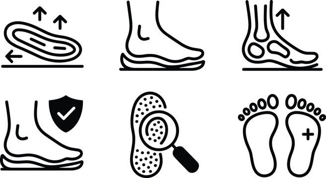 Podiatry Foot Care Line Icons Collection Featuring Orthopedic Support, Medical Diagnostics, Healthy Feet, Wellness
