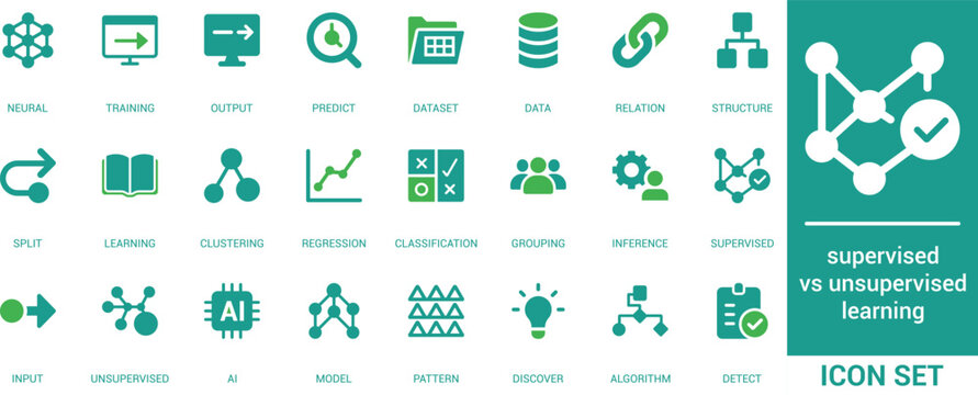 Supervised vs unsupervised learning icon set. Machine learning dataset, AI neural network model & data algorithm symbols