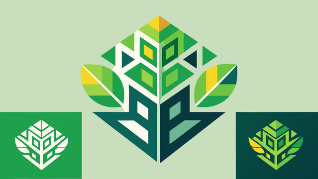 Abstract geometric tree logo design in shades of green with geometric abstract business environment corporate branding minimalist sustainability isometric identity illustration creative