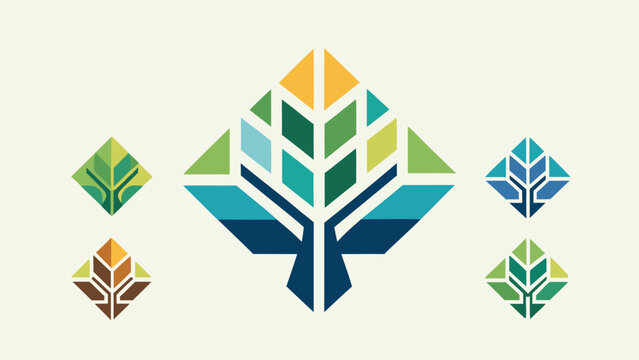 Collection of colorful geometric tree logo concepts with geometric collection abstract colorful business environment corporate branding sustainability isometric identity illustration