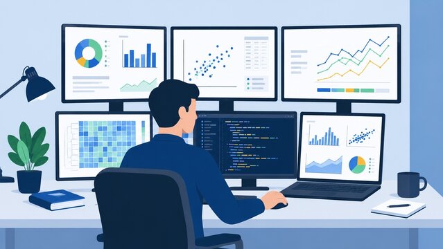 複数モニターでコード・ヒートマップ・折れ線グラフ・散布図を同時分析するデータサイエンティストの作業環境