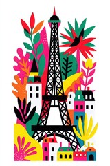 Fototapeta premium Vibrant Abstract Eiffel Tower Surrounded by Colorful Tropical Foliage and Parisian Buildings