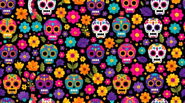 Vibrant Day of the Dead sugar skull pattern with colorful flowers and festive skull designs on black background