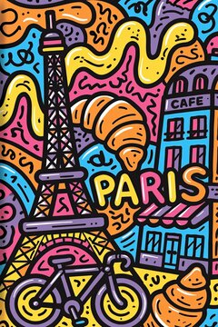 Vibrant Parisian Doodle Art: Eiffel Tower, Croissant, Cafe and Cityscape in Bold Colors