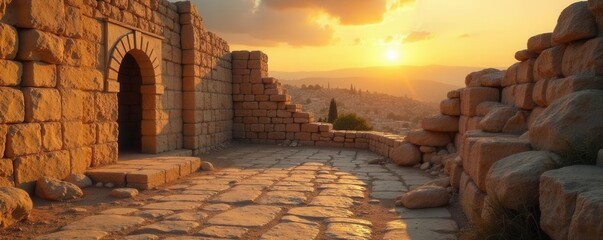 Fototapeta premium Ancient Jerusalem sunrise, empty sepulcher, linen cloth remnants , ancient, holy, faith