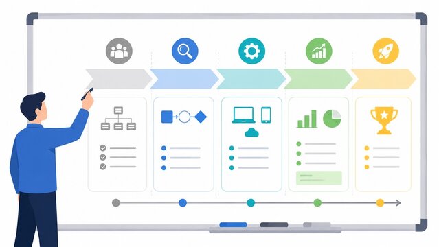 ビジネスマンがホワイトボードに5ステップのプロジェクトロードマップ・タイムラインを作成するビジネスプランニングシーン