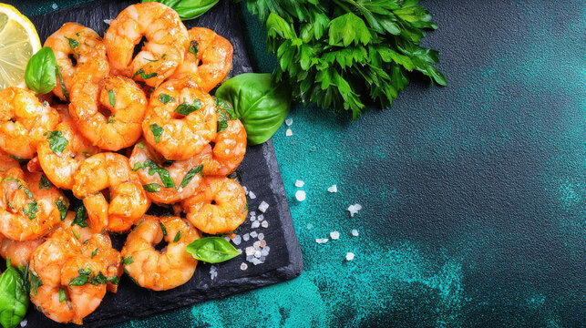 Garlic Shrimp Scampi with Lemon and Herbs on Dark Slate.