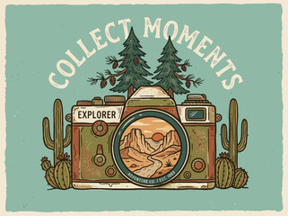 Obraz premium Retro camera landscape illustration with collect moments text.