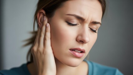 Fototapeta premium A woman suffering from an earache, holding her hand to her painful ear with a distressed expression.