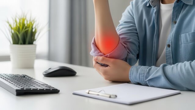 Person experiencing elbow pain while working at a desk, highlighting discomfort and potential injury.