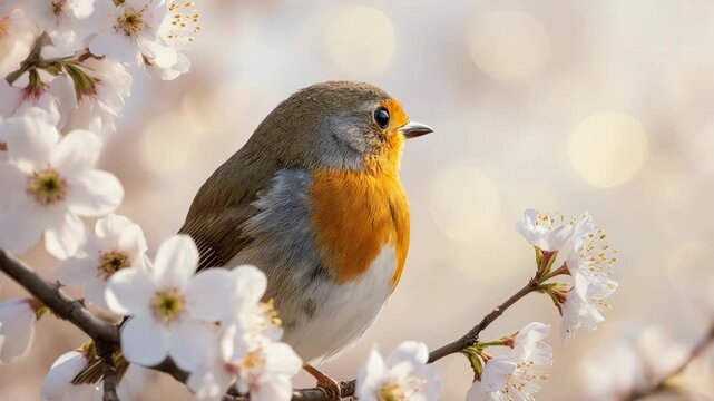Tight close-up shot of a robin resting on a blossom-covered branch, pink petals framing the bird naturally