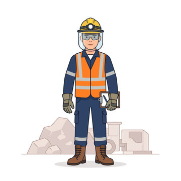 Illustration of a construction worker wearing safety gear, holding a clipboard, with heavy machinery and mining rocks in the background