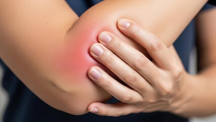 Fototapeta premium Close-up of a person experiencing elbow pain, holding the inflamed and red joint with their hand.