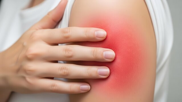 A person's arm with a large, red, inflamed area, possibly indicating an allergic reaction, insect bite, or skin irritation.