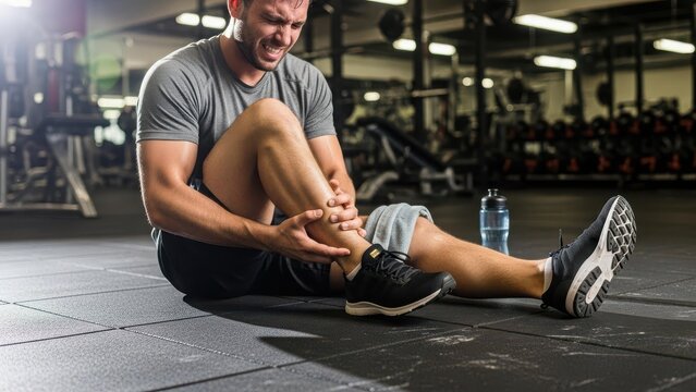 A man in a gym sitting on the floor, clutching his ankle in obvious pain after an injury during exercise.