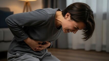 Obraz premium A woman experiencing severe abdominal pain, clutching her stomach in discomfort.
