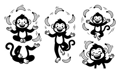 Cute monkey juggling yellow bananas cartoon vector collection © Md