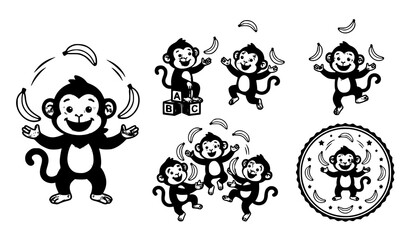 Playful monkey juggling bananas vector set with cute cartoon characters © Md