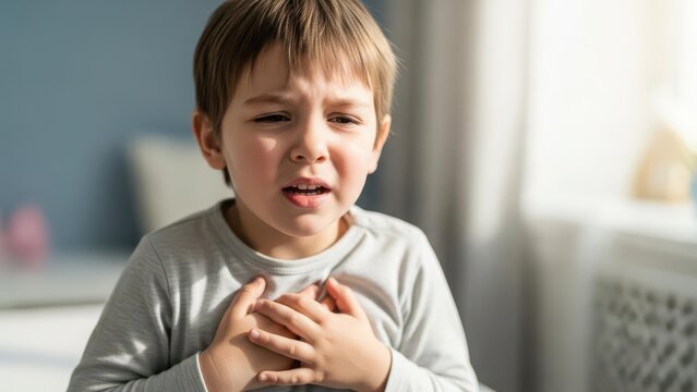 A young boy with a distressed expression holding his chest, possibly indicating pain or breathing difficulty.