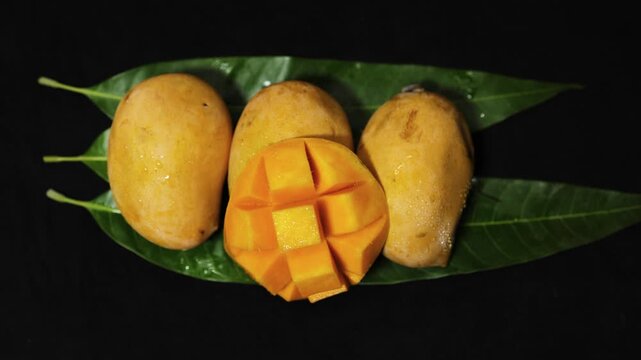 close up of ripe hapus mango cubes with juicy texture and healthy summer fruit appeal