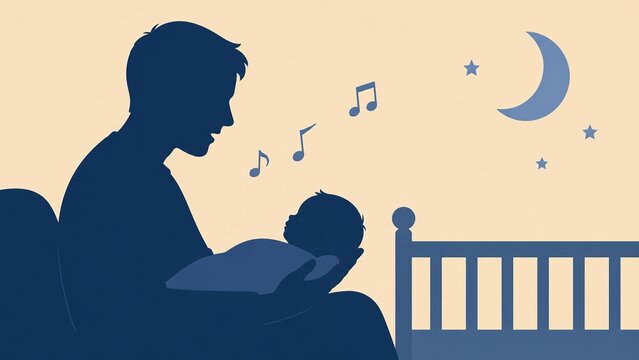 父親が赤ちゃんをあやしながら子守唄を歌うシルエットで表現した夜の寝かしつけシーン