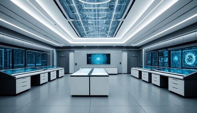 Futuristic empty control room for autonomous AI agent operation