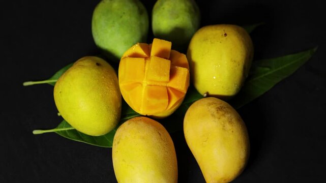 fresh variety of mango assortment with sliced ripe mango and whole fruits on dark background