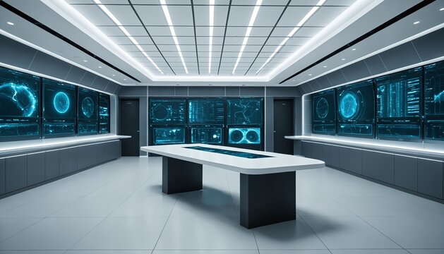 Futuristic empty control room for autonomous AI agent operation