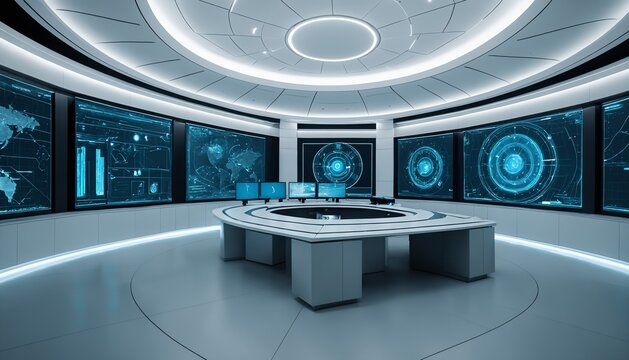 Futuristic empty control room for autonomous AI agent operation