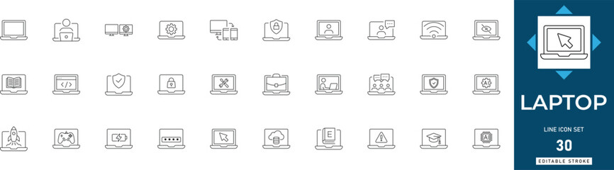 Laptop line icon set featuring computer, notebook, hardware, screen, device, technology, wireless. Professional editable vector illustration for tech app and UI UX design.  © MdAzizar