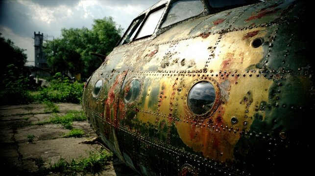 Close-up of a rusted, abandoned airplane fuselage with weathered metal seams and porthole windows.