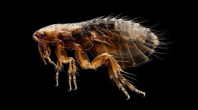 Detailed microscopic view of a flea showcasing its complex anatomical structures and spiky exterior, a fascinating insect study