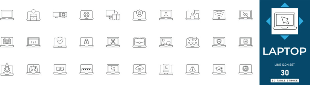 Laptop line icon set featuring computer, notebook, hardware, screen, device, technology, wireless. Professional editable vector illustration for tech app and UI UX design.
