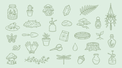 A collection of charming hand-drawn illustrations related to gardening and nature. © KN collection