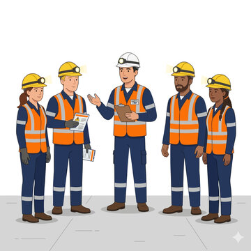 A diverse team of industrial workers, engineers, or site managers in hard hats and safety vests engaging in a critical project briefing or safety meeting on-site