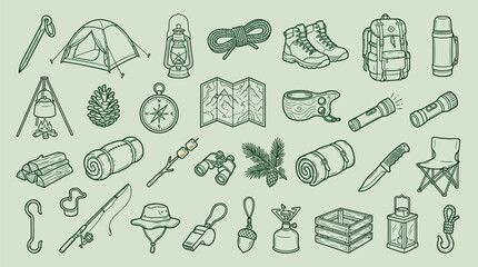Collection of hand-drawn camping and outdoor adventure equipment icons, perfect for illustrating a wilderness lifestyle. © KN collection