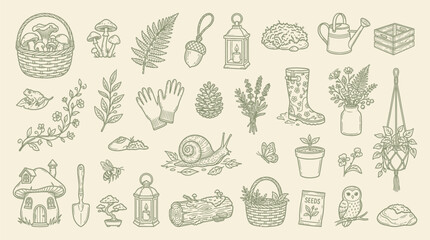Whimsical Garden Elements Collection: Illustrations of Nature and Gardening Tools. © KN collection