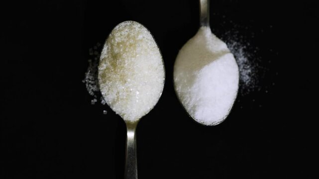 refined sugar and fine salt displayed on spoons showcasing essential kitchen ingredients