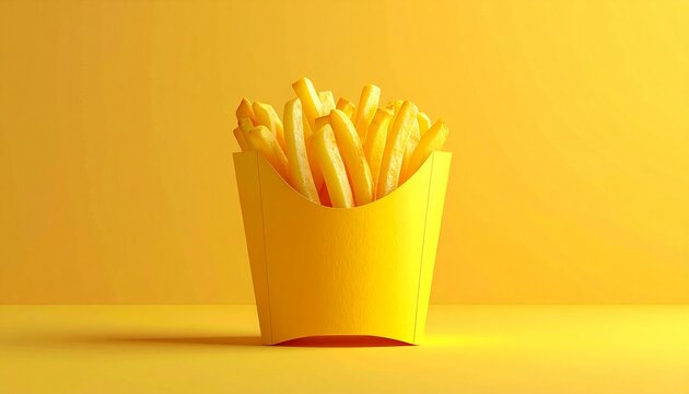 Delicious golden crispy french fries in a yellow paper container on a bright yellow background